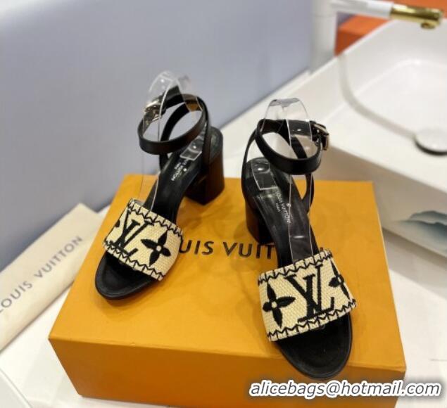 Perfect Louis Vuitton Heel Sandals 7.5cm in Monogram Raffia Straw Black 0320095