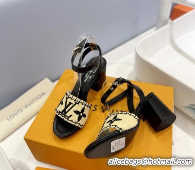 Perfect Louis Vuitton Heel Sandals 7.5cm in Monogram Raffia Straw Black 0320095