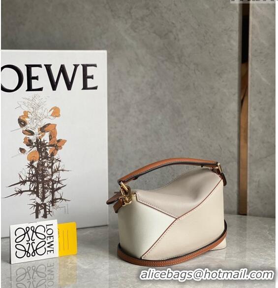 Unique Grade Loewe Mini Puzzle bag in Classic Calfskin 0202 White/Grey/Brown 2024