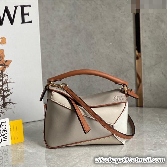 Unique Grade Loewe Mini Puzzle bag in Classic Calfskin 0202 White/Grey/Brown 2024