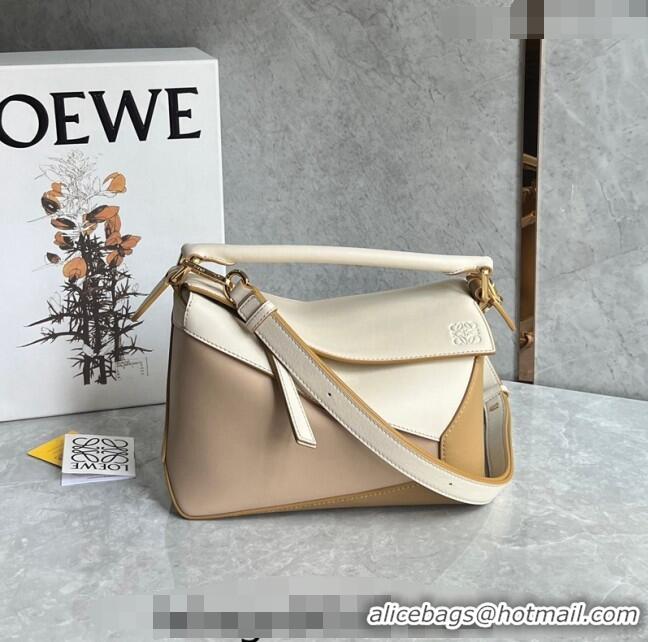 Good Quality Loewe Small Puzzle Edge bag in Classic Calfskin 0202 Nude/White/Light Brown 2024