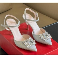 Stylish Roger Vivier Flower Strass Buckle Pumps in Glitter Silver 0124104