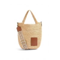 Best Price Loewe Mini Slit Tote bag in striped raffia straw and calfskin 101131 Beige 2023