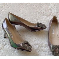 Durable Manolo Blahnik Classic Pumps 7cm in Metallic Leather with Crystal Buckle Grey 228027