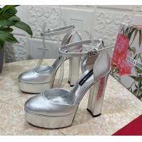 Hot Style Dolce & Gabbana DG Strap Platform Pumps 15cm in Metallic Leather Silver 0126036