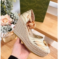 Best Grade Gucci Chevron Leather Wedge Platform Espadrilles 10cm with Lace Gold 0125094