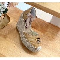 Good Quality Gucci Chevron Patent Leather Wedge Platform Espadrilles 10cm with Lace Khaki 0125096