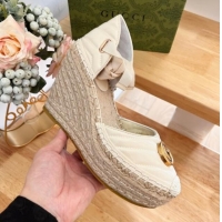 Popular Style Gucci Chevron Patent Leather Wedge Platform Espadrilles 10cm with Lace White 125097