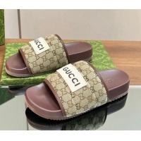 Luxurious Gucci GG Flat Slide Sandals Beige/Brown 127036