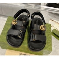 Good Quality Gucci Double G Black Leather Flat Sandals 127041