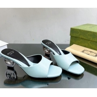 Best Price Gucci Interlocking G Leather Heel Slide Sandals 6cm Light Blue 0127045