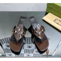 Grade Quality Gucci Horsebit Heel Thong Slide Sandals 4.5cm in Shiny Leather Brown 127054