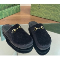 Shop Duplicate Gucci GG Velvet Mules with Horsebit Black 127077