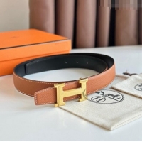 Super Quality Hermes Boucle De Ceinture H & Cuir Reversible Belt 3.2cm in Togo Leather H5382 Brown/Gold 2023