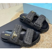 Best Price Prada Crochet Raffia Straw Flat Slide Sandals Black 129044