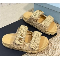 Generous Prada Crochet Raffia Straw Flat Slide Sandals Beige 129045