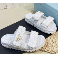 Top Design Prada Crochet Raffia Straw Flat Slide Sandals White 129046