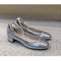 Top Grade Prada Sequined satin pumps 3.5cm Silver 228049