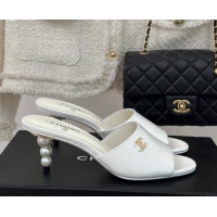 Best Grade Chanel Patent Calfskin Slide Sandals 6cm with Pearls Heel White 0126055