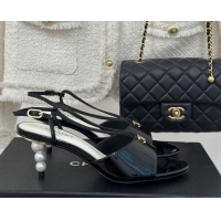 Good Looking Chanel Patent Calfskin Sandals 6cm with Pearls Heel and Strap Black 0126056