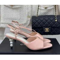 Pretty Style Chanel Patent Calfskin Sandals 6cm with Pearls Heel and Strap Light Pink 0126057