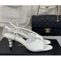 Top Grade Chanel Patent Calfskin Sandals 6cm with Pearls Heel and Strap White 0126058