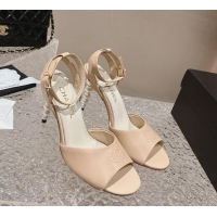 Unique Style Chanel Calfskin Sandals 8.5cm with Pearls Heel and CC Embroidery Nude 0126060