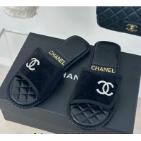 Good Quality Chanel Velvet Foldover Flat Slide Sandals with Crystals CC Black 126064