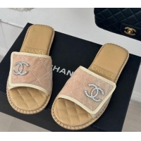 Perfect Chanel Velvet Foldover Flat Slide Sandals with Crystals CC Beige 0126066