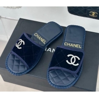 Grade Quality Chanel Velvet Foldover Flat Slide Sandals with Crystals CC Blue 0126067