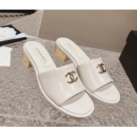 Good Product Chanel Lambskin Slide Sandals 5cm with Gold-Tone Heel White 126094