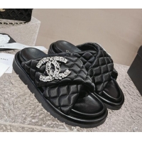 Luxury Chanel Cross Nylon Strap Slide Sandals with Crystals CC Black 0126097