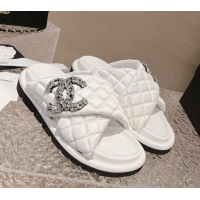 Stylish Chanel Cross Nylon Strap Slide Sandals with Crystals CC Snow White 0126100