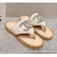 Stylish Chanel Tweed Flat Thong Slide Sandals with Crystals CC Beige 0126101