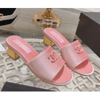 Top Grade Chanel Velvet Slide Sandals 5cm with Gold-Tone Heel Light Pink 0126105