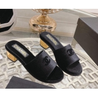 Cheap Price Chanel Velvet Slide Sandals 5cm with Gold-Tone Heel Black 126106