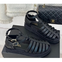 Pretty Style Chanel Lambskin Flat Sandals with Double Ankle Strap Black 0126118