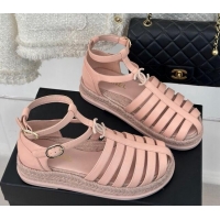 Low Cost Chanel Lambskin Flat Sandals with Double Ankle Strap Pink 126119