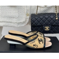 Most Popular Chanel Logo Printed PVC Heel Slide Sandals Beige 126124