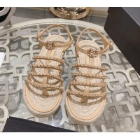 Stylish Chanel Lambskin Flat Sandals with Chain Beige 126129