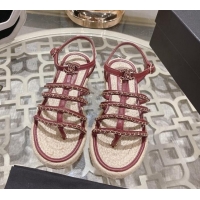 Low Price Chanel Lambskin Flat Sandals with Chain Burgundy 126131