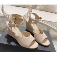 Best Price Chanel Quilted Patent Calfskin Wedge Sandals 7.5cm Nude 0126153