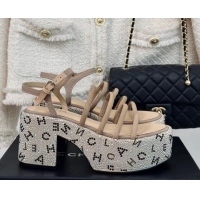 Pretty Style Chanel Calfskin & Crystals Heel Platform Sandals with Letterings Beige 0223084