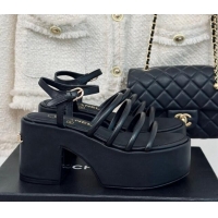 Best Grade Chanel Calfskin Leather Heel Platform Sandals Black 223086