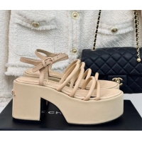 Low Price Chanel Calfskin Leather Heel Platform Sandals Beige 0223087