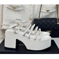 Good Looking Chanel Calfskin Leather Heel Platform Sandals White 223088