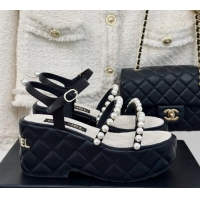 Duplicate Chanel Quilted Lambskin & Pearls Wedge Platform Sandals 7cm Black 223089