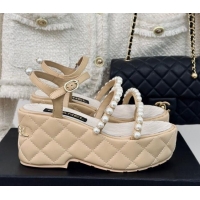 Luxurious Chanel Quilted Lambskin & Pearls Wedge Platform Sandals 7cm Beige 223090