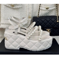 Unique Style Chanel Quilted Lambskin & Pearls Wedge Platform Sandals 7cm White 0223091