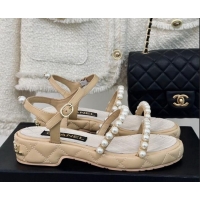 Buy Discount Chanel Quilted Lambskin & Pearls Heel Sandals 3cm Beige 223093